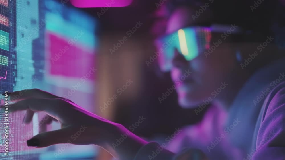 Poster young professional programmer working on software development project using futuristic glasses and h
