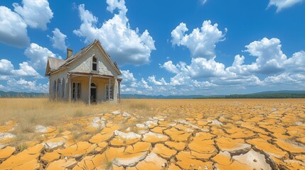 Abandoned house on cracked dry land under blue sky with fluffy clouds