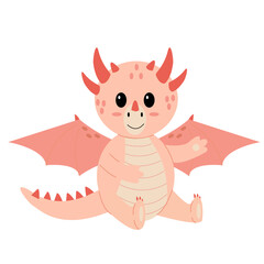 A funny pink dragon sitting and waving with one leg. Vector illustration