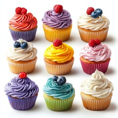 Cupcakes with various colored frosting and berries on top