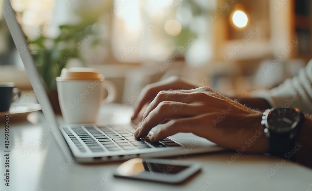 Poster freelancer working on laptop in cafe with coffee and smartphone