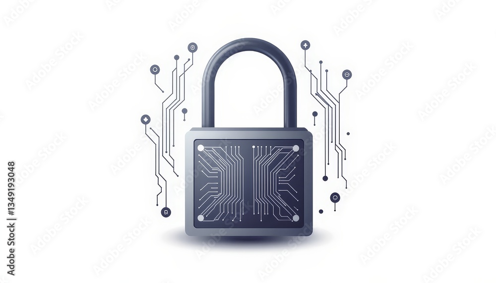 Poster digital padlock with circuit patterns on a white background