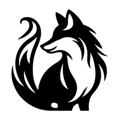 Obraz premium Black and white illustration of stylized fox silhouette, minimalist design, graphic art, sleek curves, bold contrast, iconic logo, simplified animal shape, symmetrical composition, clean lines.