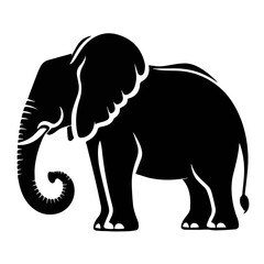 Obraz premium Stylized elephant silhouette, black and white graphic, minimalist design, bold contours, side profile, curved trunk, symbolic representation, tribal art influence, vector illustration, strong contrast