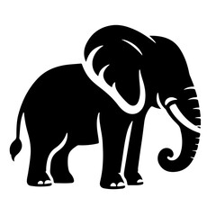 Stylized elephant silhouette, black and white graphic, minimalist design, bold contours, side profile, curved trunk, symbolic representation, tribal art influence, vector illustration, strong contrast
