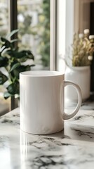 Obraz premium White ceramic mug placed on a marble table with natural light illuminating a calm indoor setting
