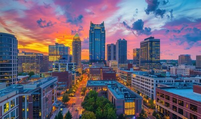 Obraz premium Stunning sunset over downtown skyline with vibrant colors and city lights