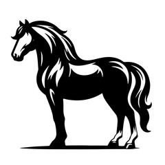 Obraz premium Black and white illustration of stylized horse silhouette, elegant equine figure, flowing mane and tail, strong muscular body, regal pose, side view, minimalist design, graphic art style
