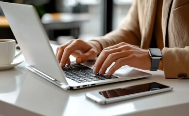 Businessman working on laptop with coffee and smartphone nearby