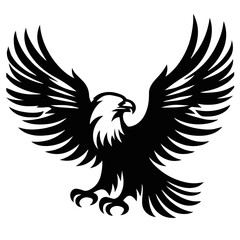 Obraz premium Black and white illustration of stylized eagle, spread wings, fierce beak, heraldic design, sharp talons, symmetrical composition, bold silhouette, graphic art style, iconic symbol.
