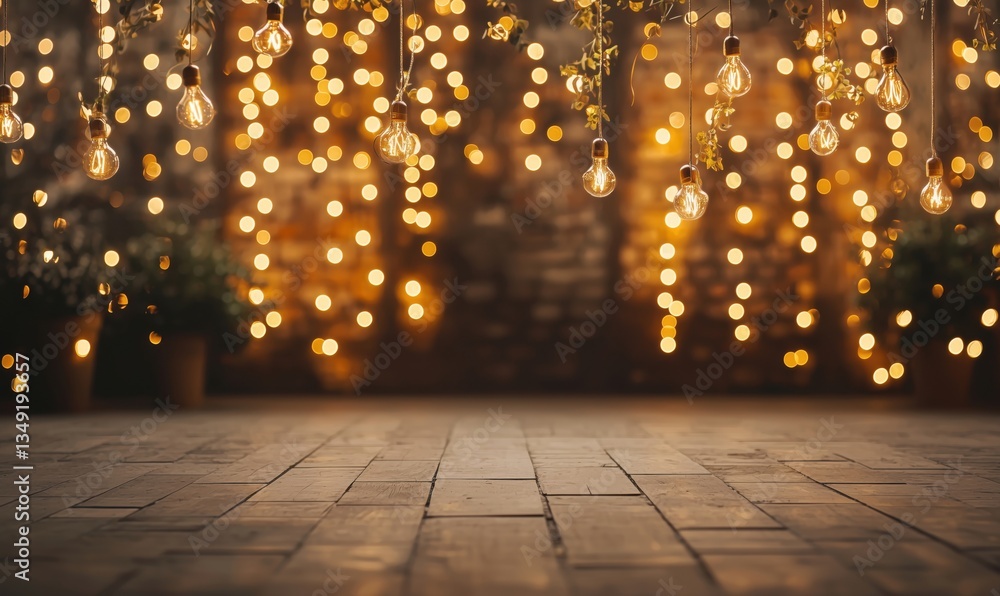 Aufkleber warm glowing string lights creating enchanting atmosphere in rustic setting