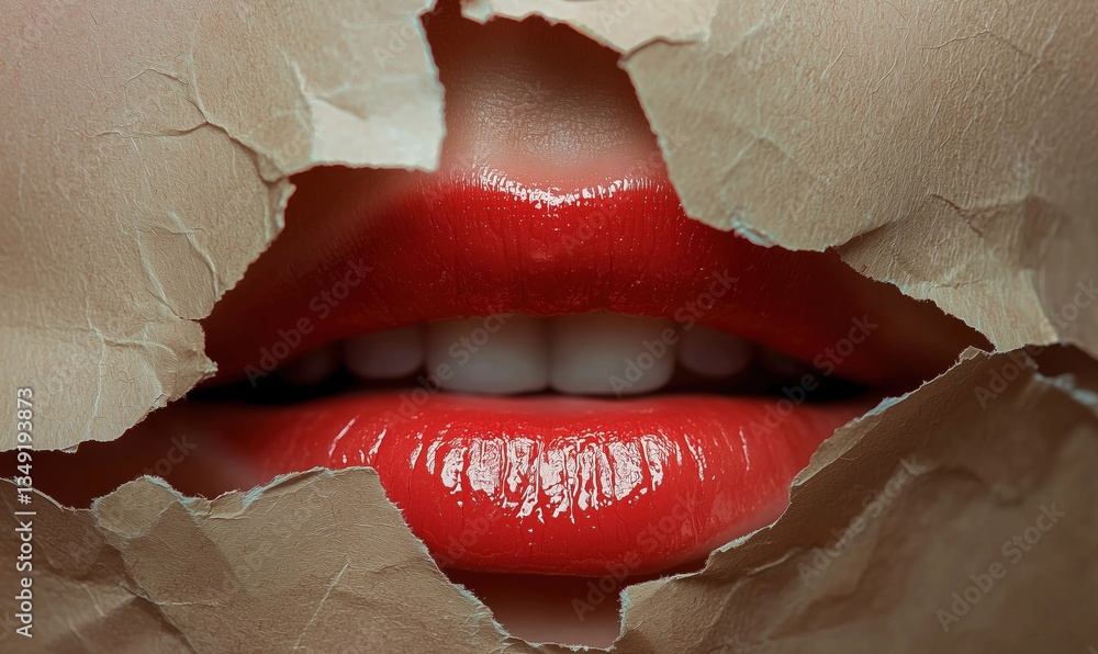 Aufkleber red lips emerging from cracked surface creating striking visual contrast and texture