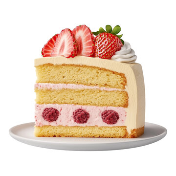 Delicious slice of layered cake with fresh strawberries and raspberries on white plate isolated on png transparent background