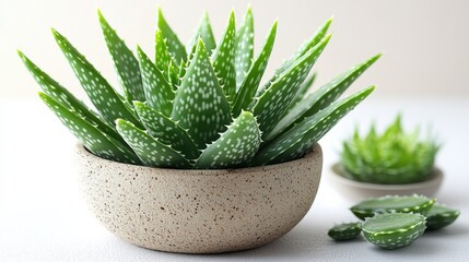 Aloe Vera in Bloom: A close-up, vibrant depiction of a flourishing aloe vera plant in a rustic pot, showcasing its lush green leaves and natural beauty.