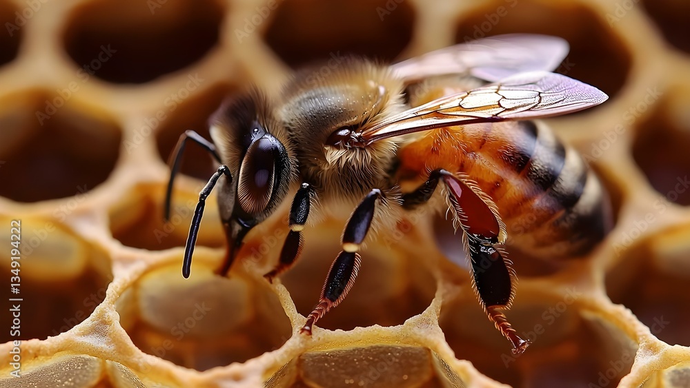 Poster a close-up of a bee on a honeycomb, showcasing its intricate details and the hexagonal cells. concep