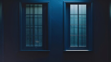 Unique blue wall with two elegant windows highlighting modern architectural design during evening light