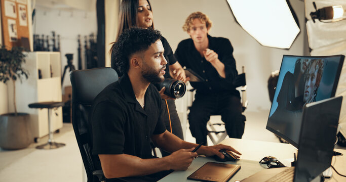 Team, people and editing photography on computer with post production software. Retouching picture, design and creative art with collaboration for fashion magazine, discussion and planning in studio