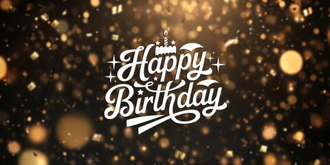 Happy Birthday text in a sleek modern gold font over a blurred warm toned bokeh background with glowing confetti effects, creating a festive and elegant celebration banner.

