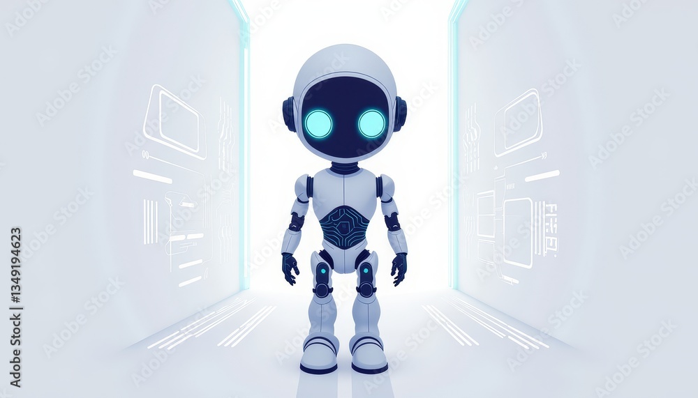 Poster friendly robot standing in futuristic corridor