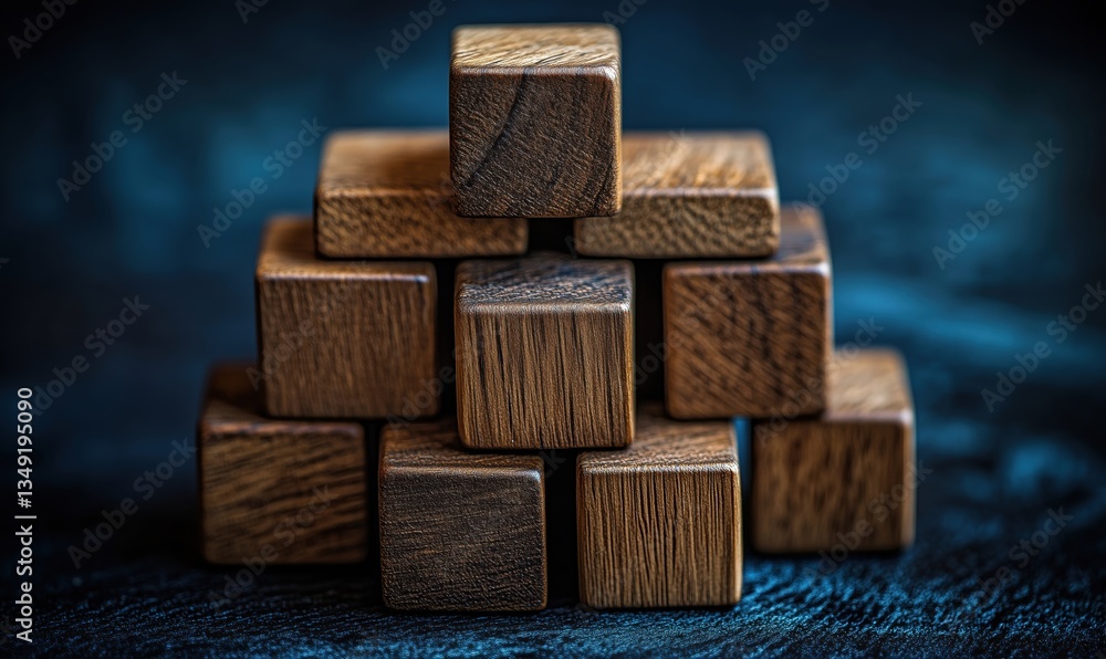 Poster wooden building blocks arranged in a pyramid structure on a dark background