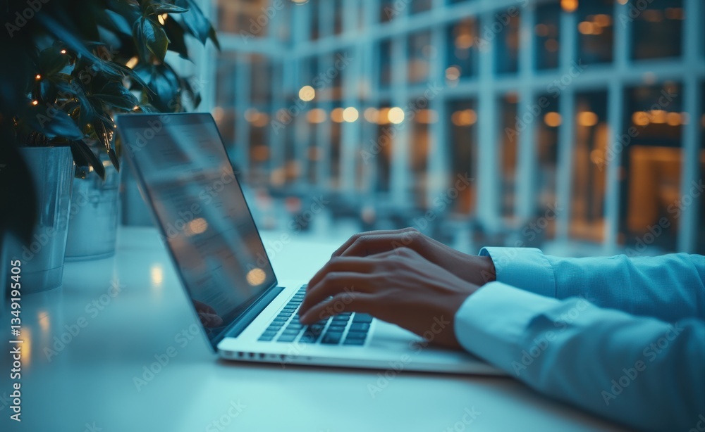 Poster office worker typing on laptop in modern office with large windows