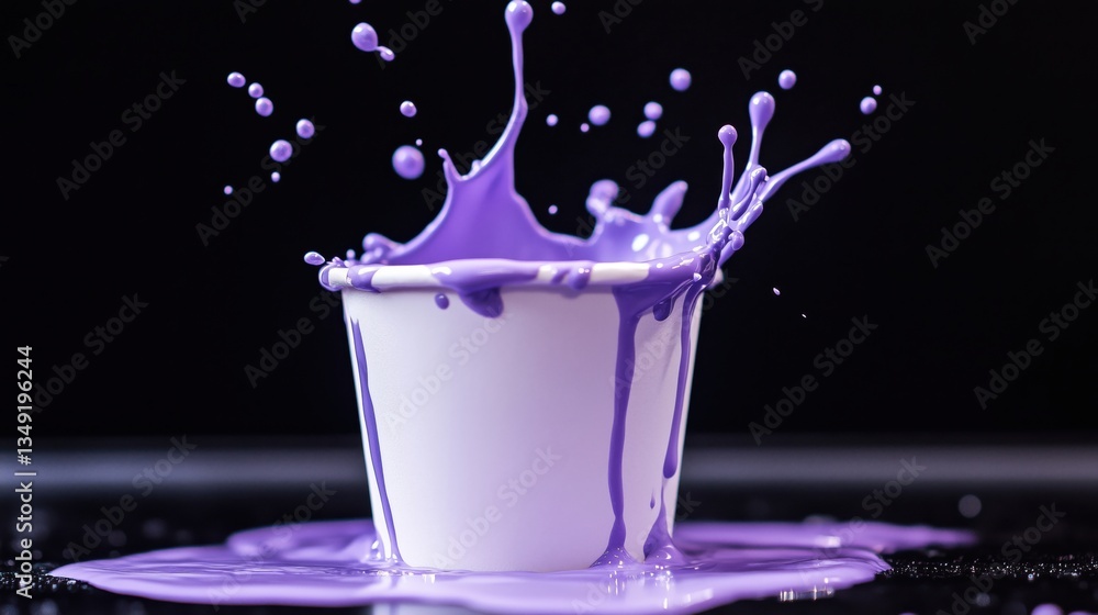 Poster purple paint splash from white bucket creating dynamic visual effect