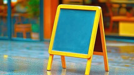 A wooden chalkboard stands on a wet surface outside a cafe, awaiting colorful messages, surrounded by a lively atmosphere and greenery