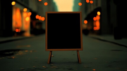 A small wooden chalkboard stand stands alone in the middle of a deserted street, bathed in the soft glow of city lights as dusk approaches