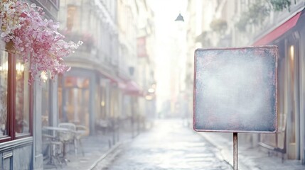 A blank sign is positioned in a serene street with flowering trees, inviting exploration of the quaint cafes and shops ahead