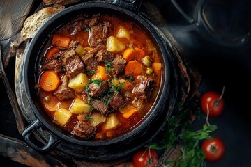 Overhead perspective of a flavorful beef stew in a cozy atmosphere.