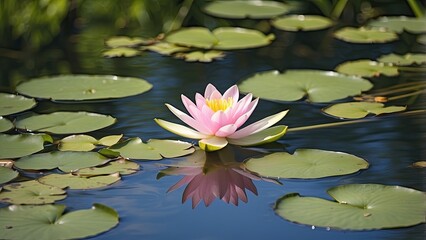 A serene pond scene featuring a single pink water lily surrounded by green lily pads,