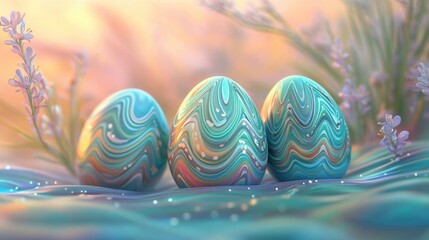 Three intricately designed eggs with vibrant colors are placed among soft grass and flowers, capturing the essence of springtime