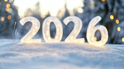 Lighted numbers representing 2026 are displayed in fresh snow, creating a magical winter atmosphere with glimmering trees in the background