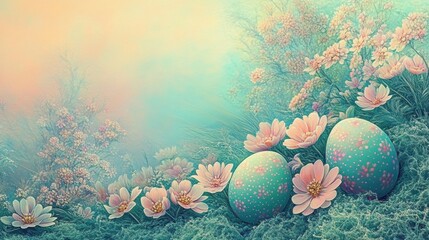 Colorful Easter eggs rest amidst delicate pastel flowers in a serene spring garden during the early morning hours