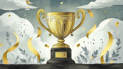 A golden trophy stands proudly atop a wooden base with confetti swirling around it, symbolizing triumph and success