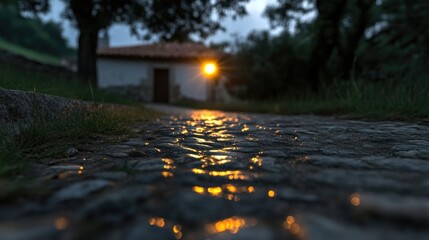 Evening path leading to a lit cottage