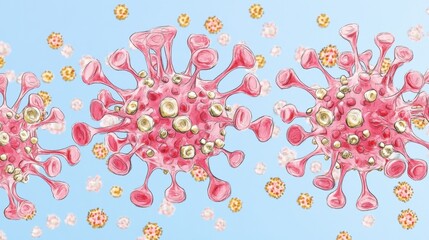 Colorful depiction of virus particles with detailed structures on a blue backdrop, illustrating the complexity of viral organisms