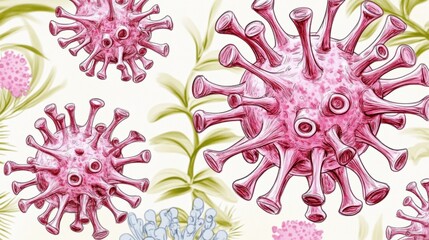 Vividly colored virus particles and floral designs create a playful artistic representation of microscopic organisms