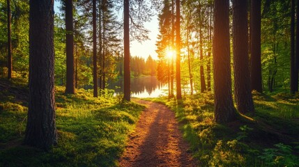 Fototapeta premium A serene forest path illuminated by sunset, leading to a tranquil lake surrounded by tall trees and lush greenery.