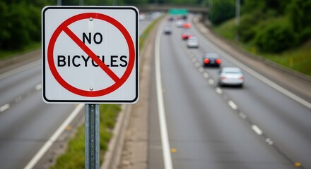 No Bicycles Sign on Highway Roadside with Cars Driving