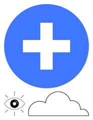 Obraz premium White cross in a blue circle, outlined eye, and curved cloud below. Ideal for health, vision, care, cloud computing, medicine future innovation. Flat simple metaphor