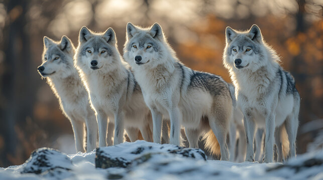 A majestic wolf pack stands proudly on a snowy mountainside bathed in the warm glow of the setting sun, showcasing their strength and unity in a breathtaking winter scene.