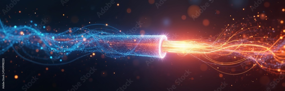 Poster fiber optic cable data stream concept illustration. optical fiber transmits digital information with