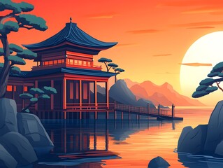Obraz premium Serene Sunset at Asian Temple Lakeside - Peaceful Water Reflection