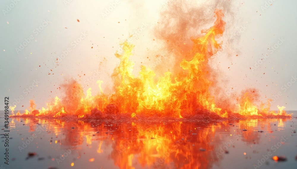 Poster dynamic illustration flames dancing brightly. intense orange color, dynamic display reflecting on su