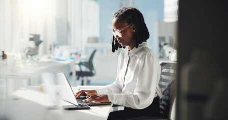 Science, woman and research on laptop in laboratory for information report, clinical trial or...