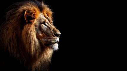 Naklejka premium Majestic lion portrait with dramatic lighting on black background, powerful male lion with thick mane, wildlife photography, African safari theme, strength and leadership concept