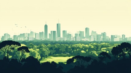 Obraz premium City Park Skyline View, Daytime, Peaceful, Illustration, Stock Photo