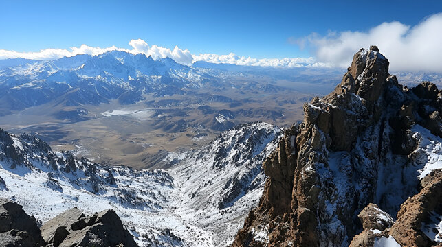 A breathtaking panoramic view of snow-capped mountain ranges and a rugged rocky peak under a vibrant blue sky, showcasing a dramatic winter landscape. - Powered by Adobe