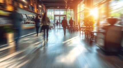 Fototapeta premium Lively Coffee Shop Ambiance, Motion Blur of People, Hints of Green Plants, Modern Minimalist Design